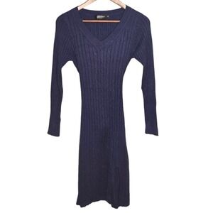 Merokeety Sweater Dress Knit Bodycon V Neck Long Sleeve Belted Navy Womens S